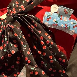 Cherry Patterned Black Hair Bow and hair claw